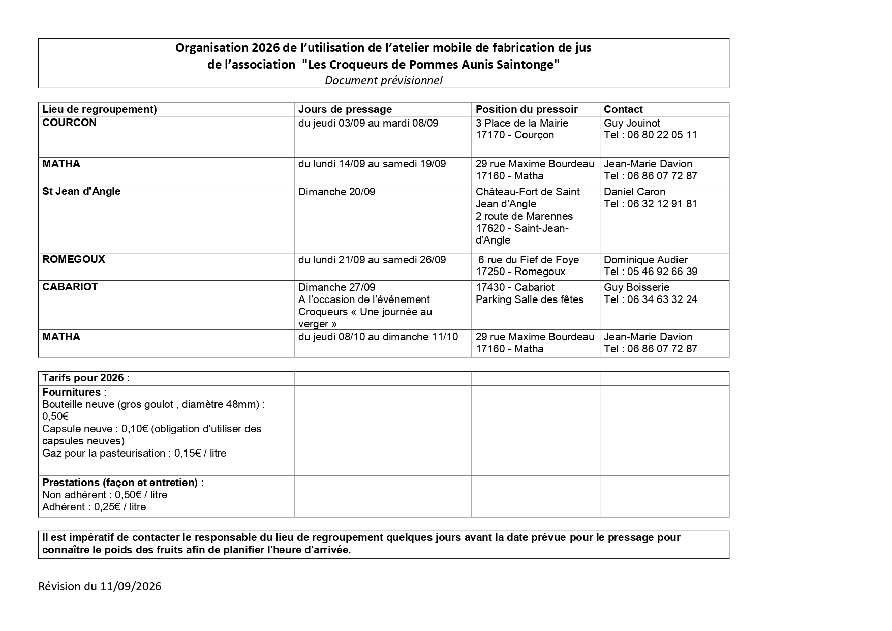 Jus de pommes 2026 planning prévisionnel rev 11 09 page 0001